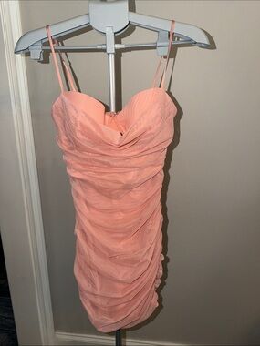 Oh Polly Peach Blush Ruched Spaghetti-Strap Mini Corset Dress